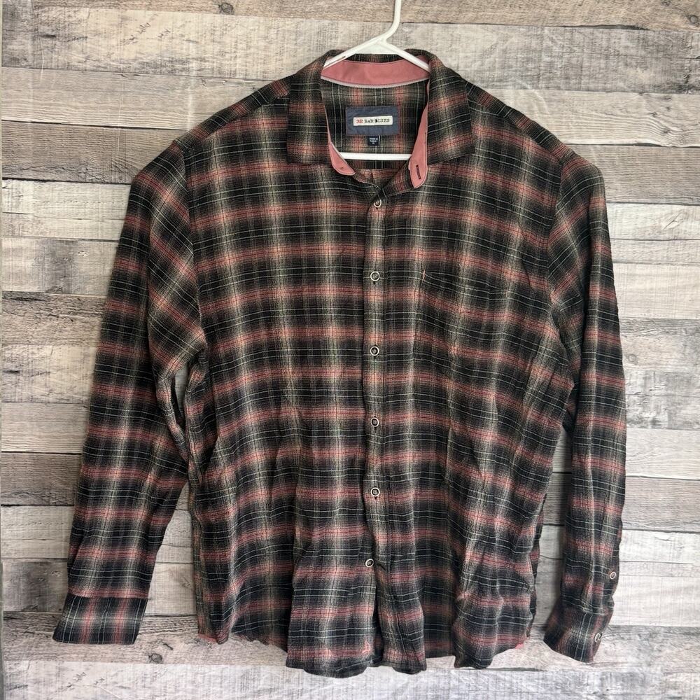 32 Bar Blues Linen Western Shirt Mens XL Pink Black Plaid Button Up Long Sleeve